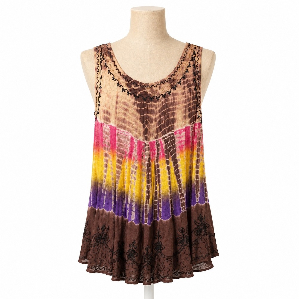 Y2K Tie Dye Embroidered Boho Tank Size L Ombre Multicolor‎ Festival Indie Sleaze